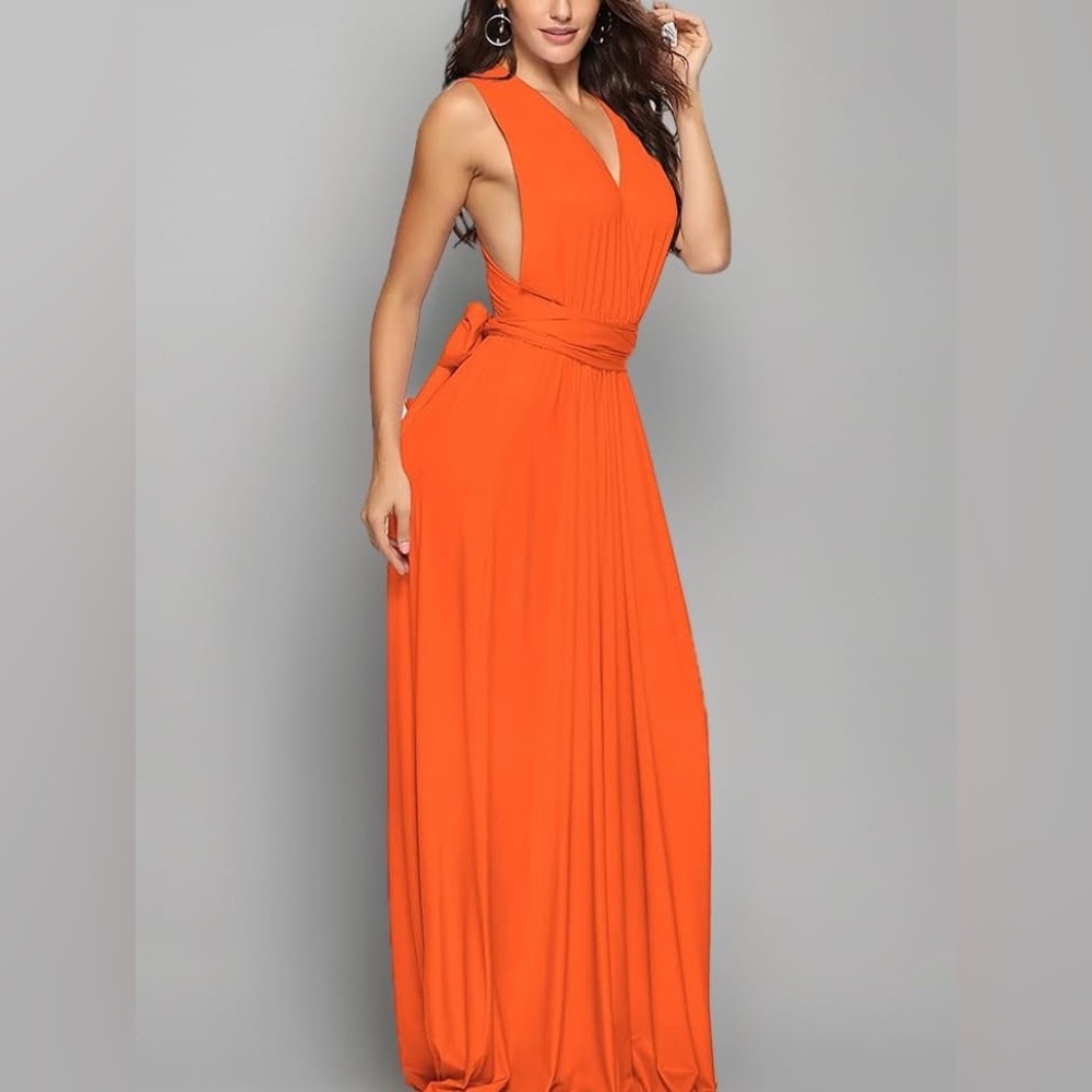 Backless Convertible Orange Multi-Way Wrap Halter Formal Long dress Sz‎ M/L